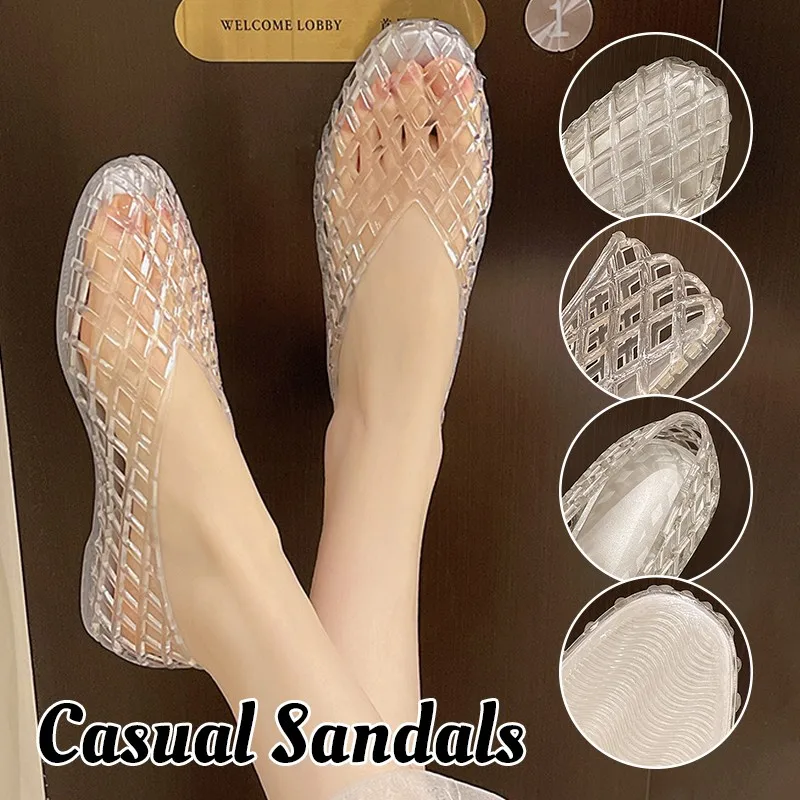 Sandalias de verano para mujer, sandalias planas de malla de PVC con boca en V, zapatos de gelatina con cristales para mujer, calzado informal para la playa, sandalias de mujer