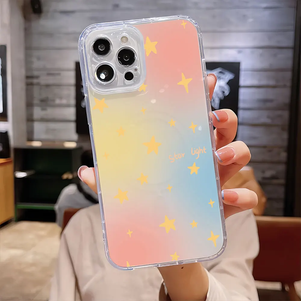 Sweet Star Stained Girl For IPhone 16 15 14 13 12 11 Pro Max Plus Transparent Magnetic Suction Phone Case