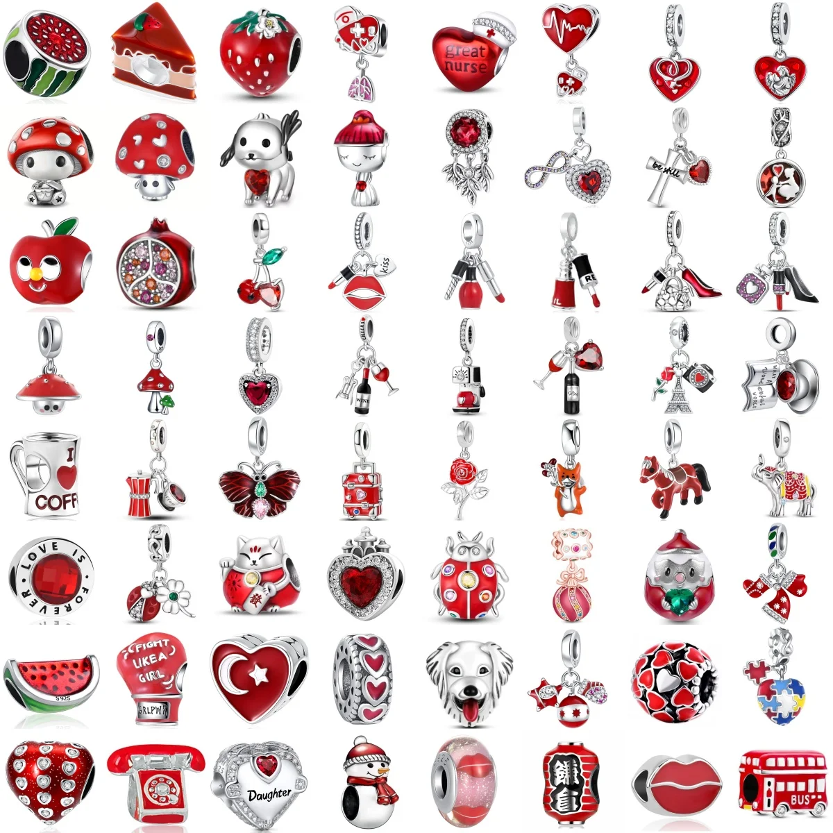

2026 New Red Valentine's Day Series Charm Bead Lipstick Wine Cherry Coffee Cup Pendant Fit 3mm Bracelet Women Jewelry DIY Gift