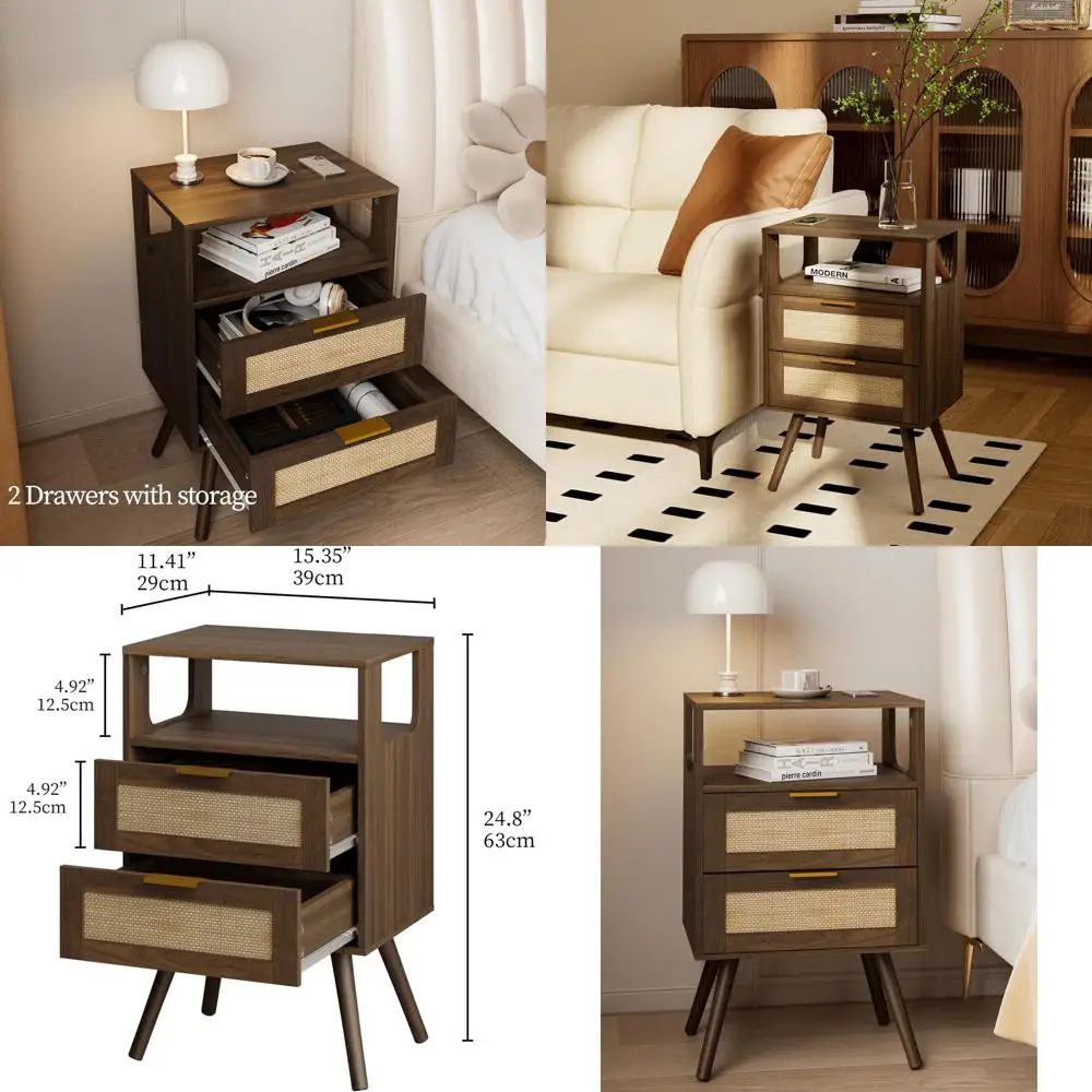 

Прикроватная тумбочка из массива дерева с 2 ящиками и открытой полкой, идеально подходит для небольших спален (коричневый орех)