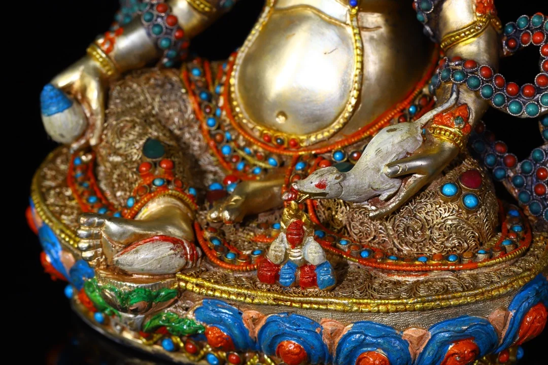 Xizang Folk Old Bronze Outline in gold Painted Mosaic Gem gZi Beads Yellow Jambhala Sitting Buddha Worship Hall