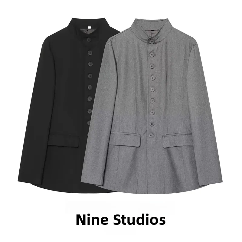 NINE ZAR Women's Pure Color Stand Collar Single Button Waist-Cinching Suit Jacket Casual Long Sleeve Winter Coat