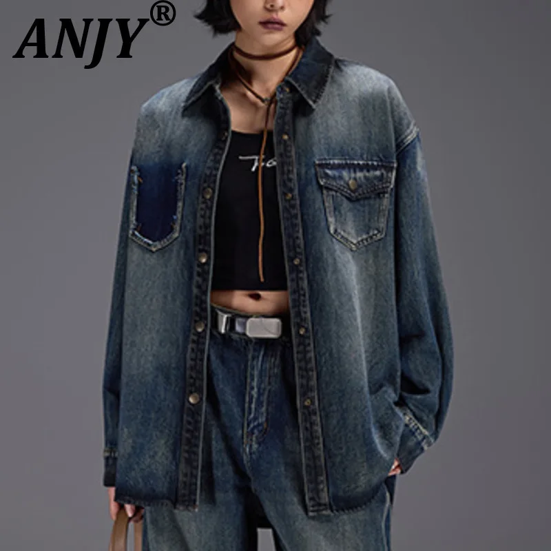 

ANJY Autumn Women American Style Fashion Workwear Denim Shirt Jacket Single Breasted Turn-Down Collar Stylish Casual Coat A10699