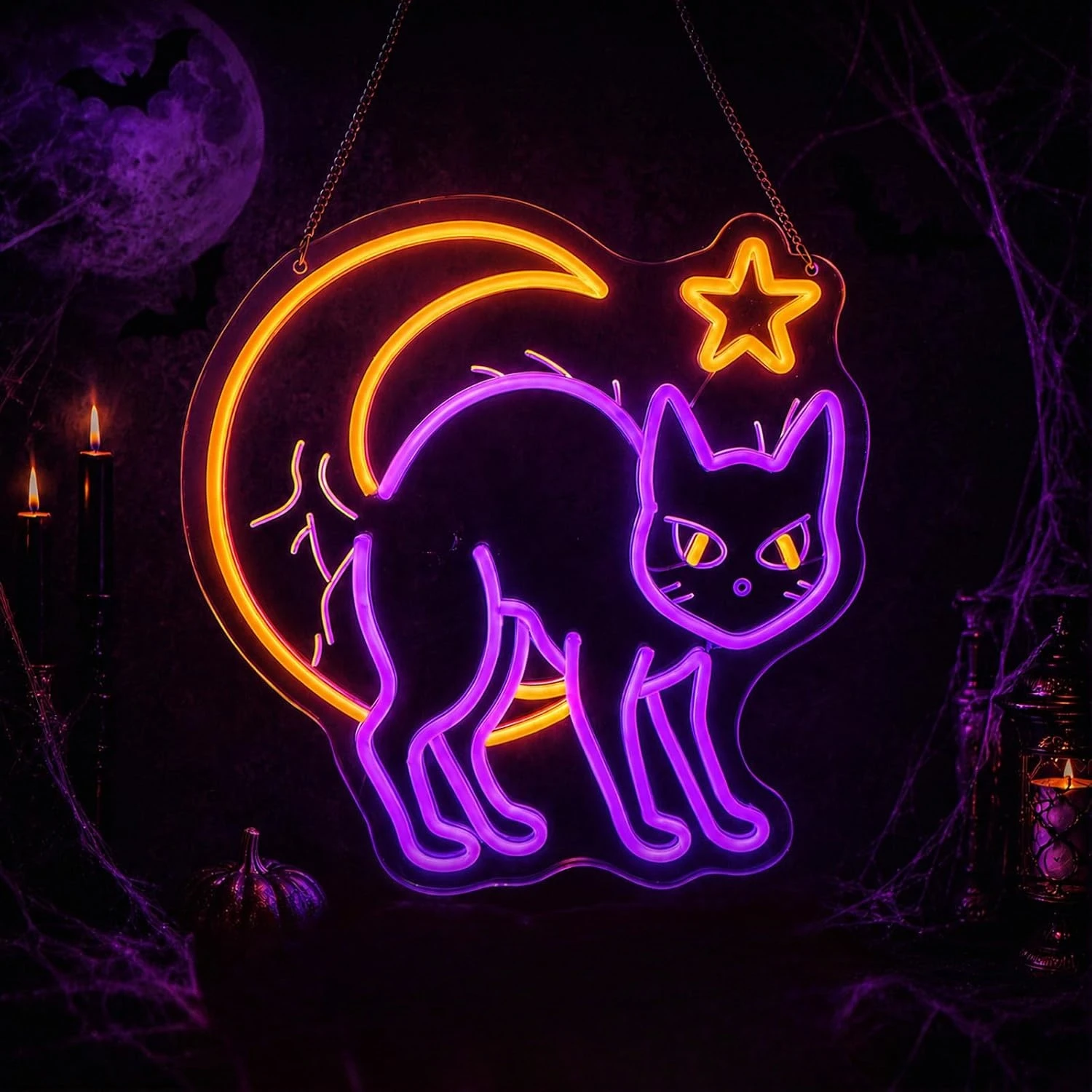 Halloween Black Cat Neon Sign Moon Star LED Neon Light Spooky Party Bar Bedroom Game Room Home Decor Christmas Gift USB Powered