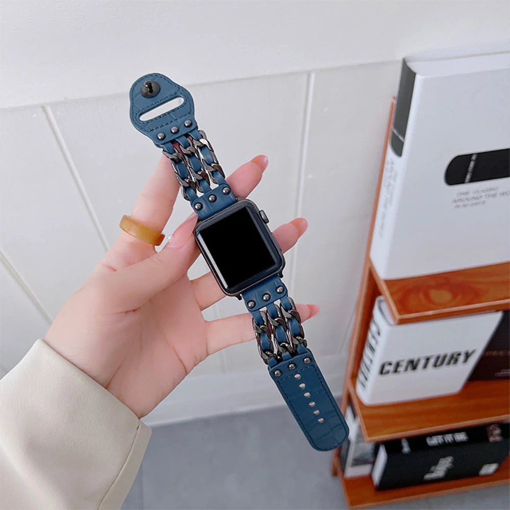 

Leather Strap for Apple Watch 8 7 45mm 41mm Luxury Metal Denim Bracelet for iWatch Series 6543SE 44mm 40mm 42mm 38mm Ultra 49mm