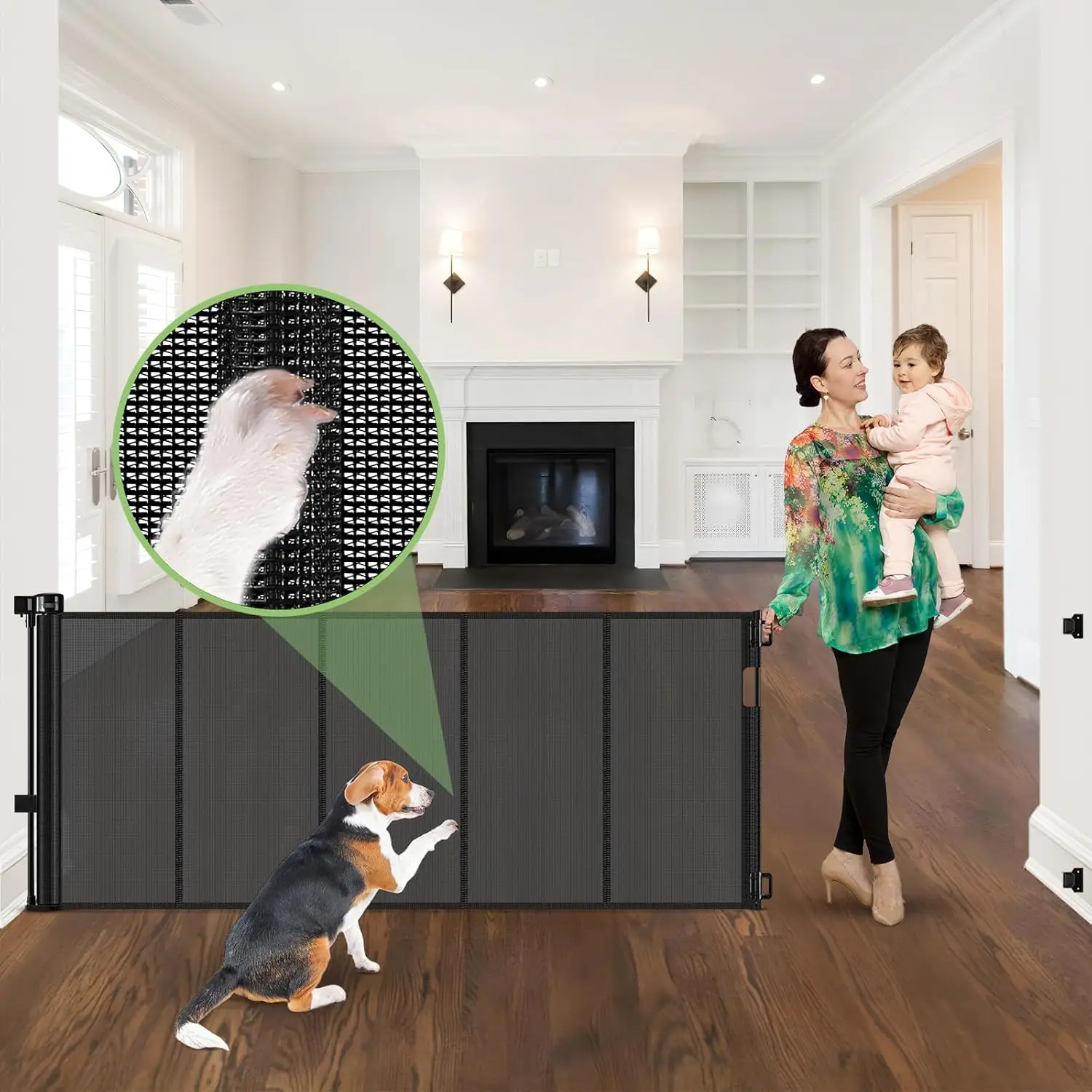 

96-Inch Wide Retractable Baby and Pet Gate with Support Rods for Large Openings, Black