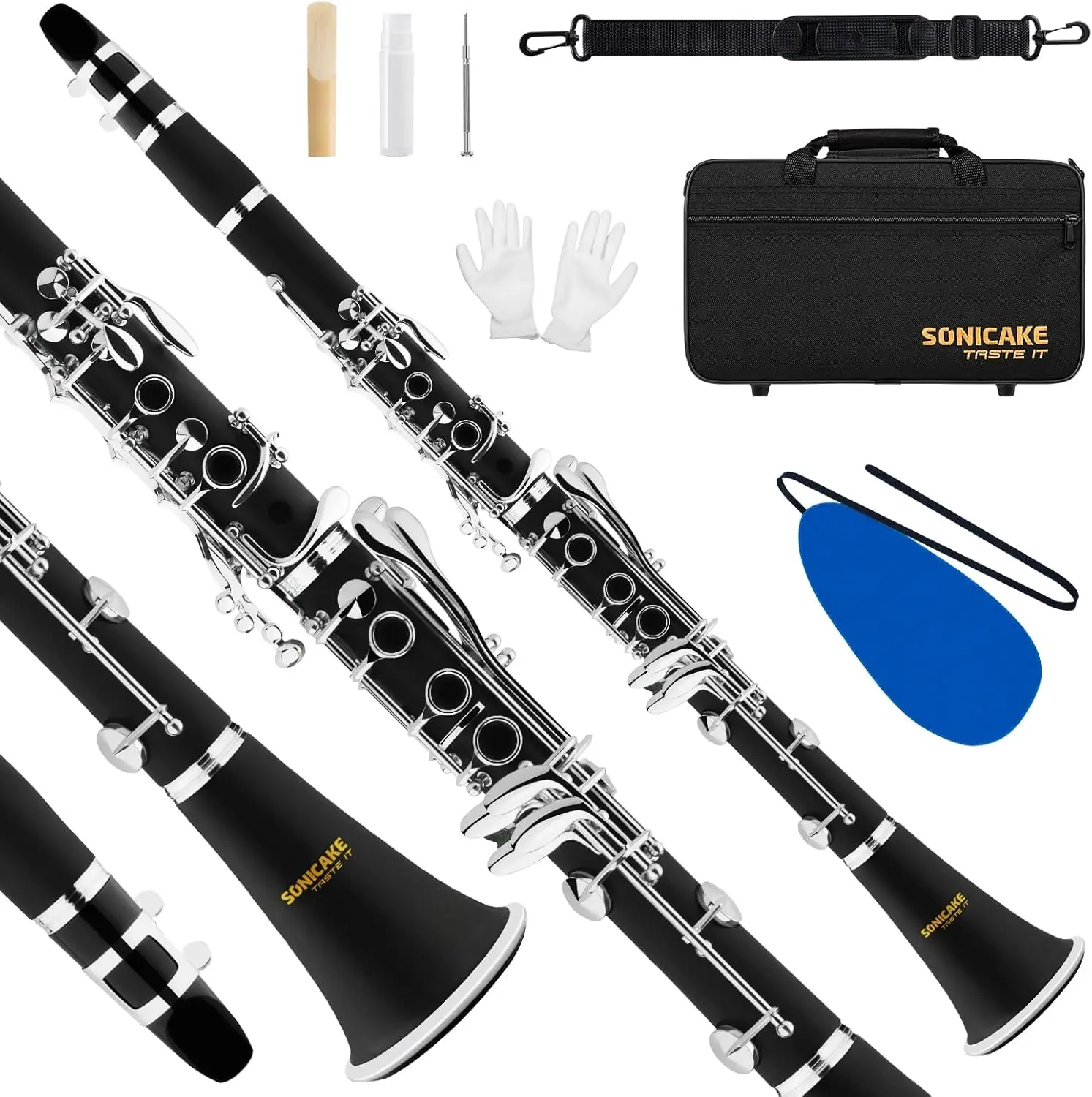 

Bb Ebonite Clarinet for Beginners with 2 Barrels, Reeds, Cleaning Kit, Gloves and Hard Case in Black