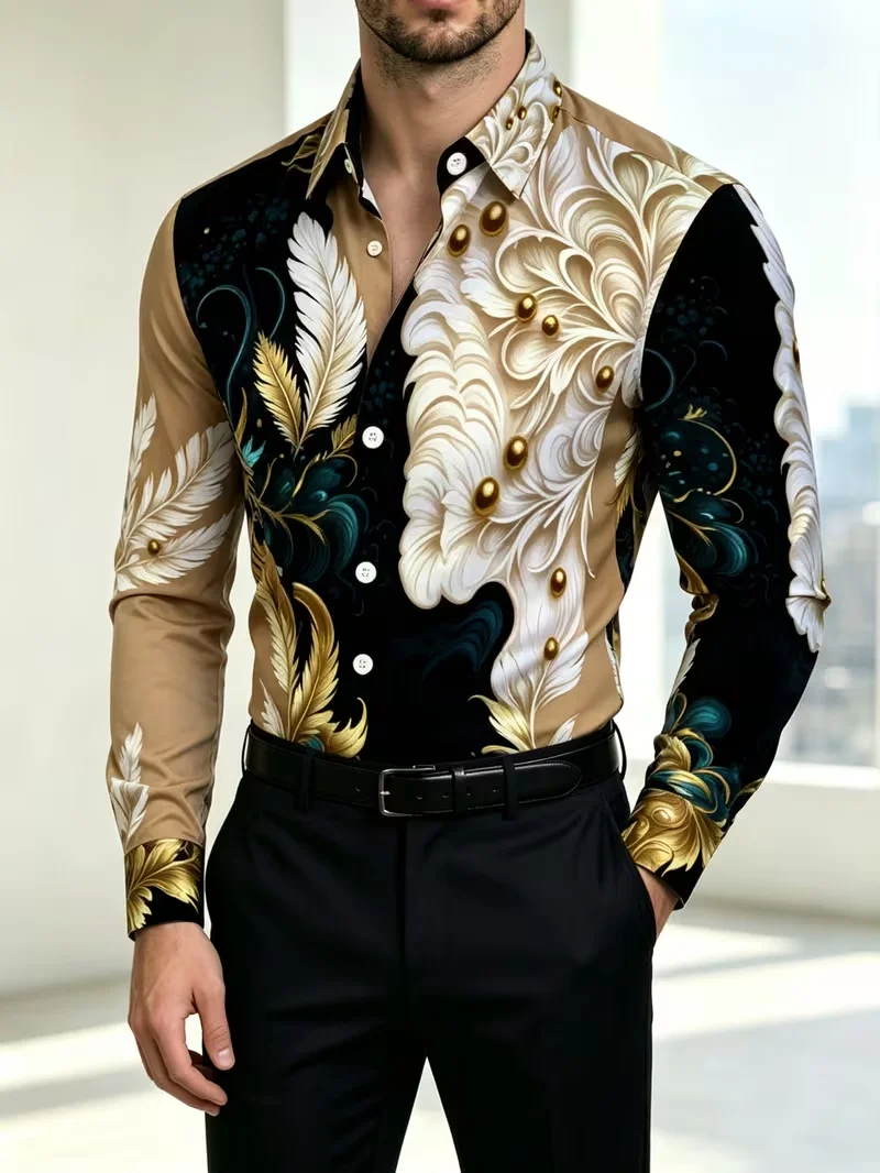 New men's long sleeved shirt with wine red gold chain diamond shaped 3D pattern printing, slim fit collar single shirt