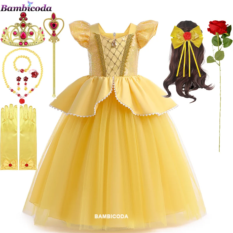 2024 Belle Princess Dress Girls Party Costume Child Halloween Beauty and the Beast Cospaly Fancy Dress Kids Prom Gowns Vestido