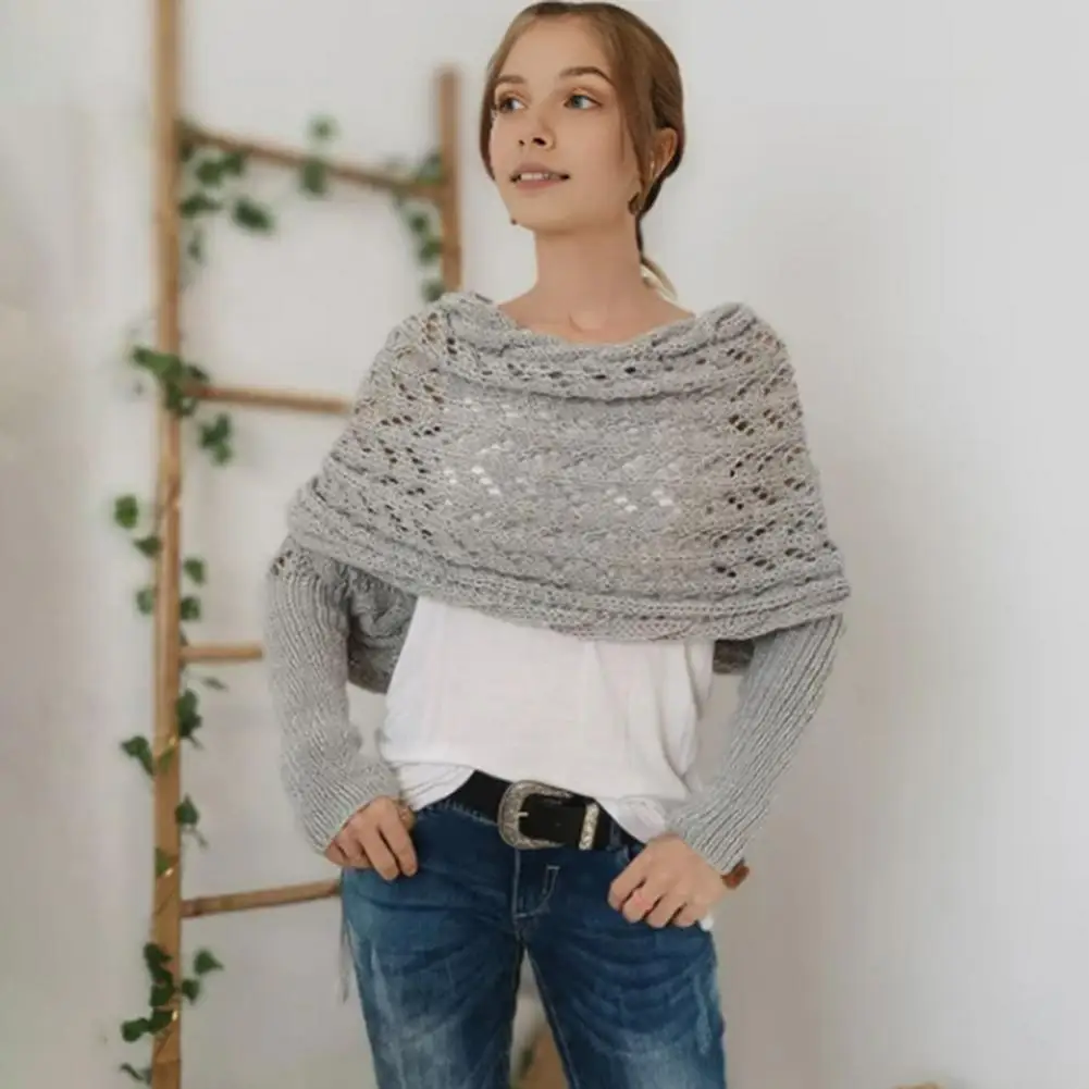 Knitted Cable Wrap Scarf With Sleeves Soft Bohemian Style Shawl Scarf Hollow Crochet Pattern Cross Wrap Scarf Sweater Wrap