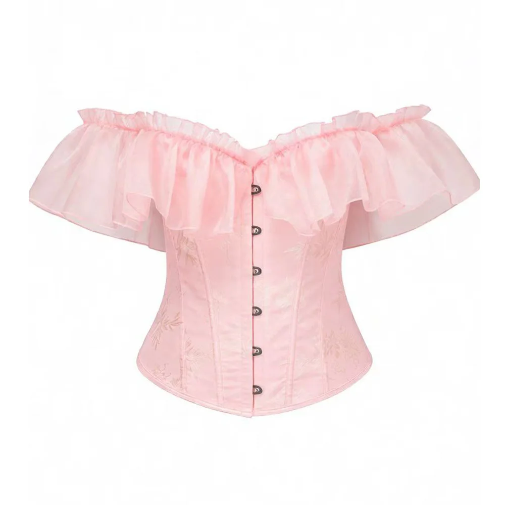 

Женский розовый винтажный жаккардовый корсет с завышенной талией, сексуальный кружевной корсет с рюшами и короткими рукавами, бюстье с открытыми плечами, модный корсет для коррекции фигуры