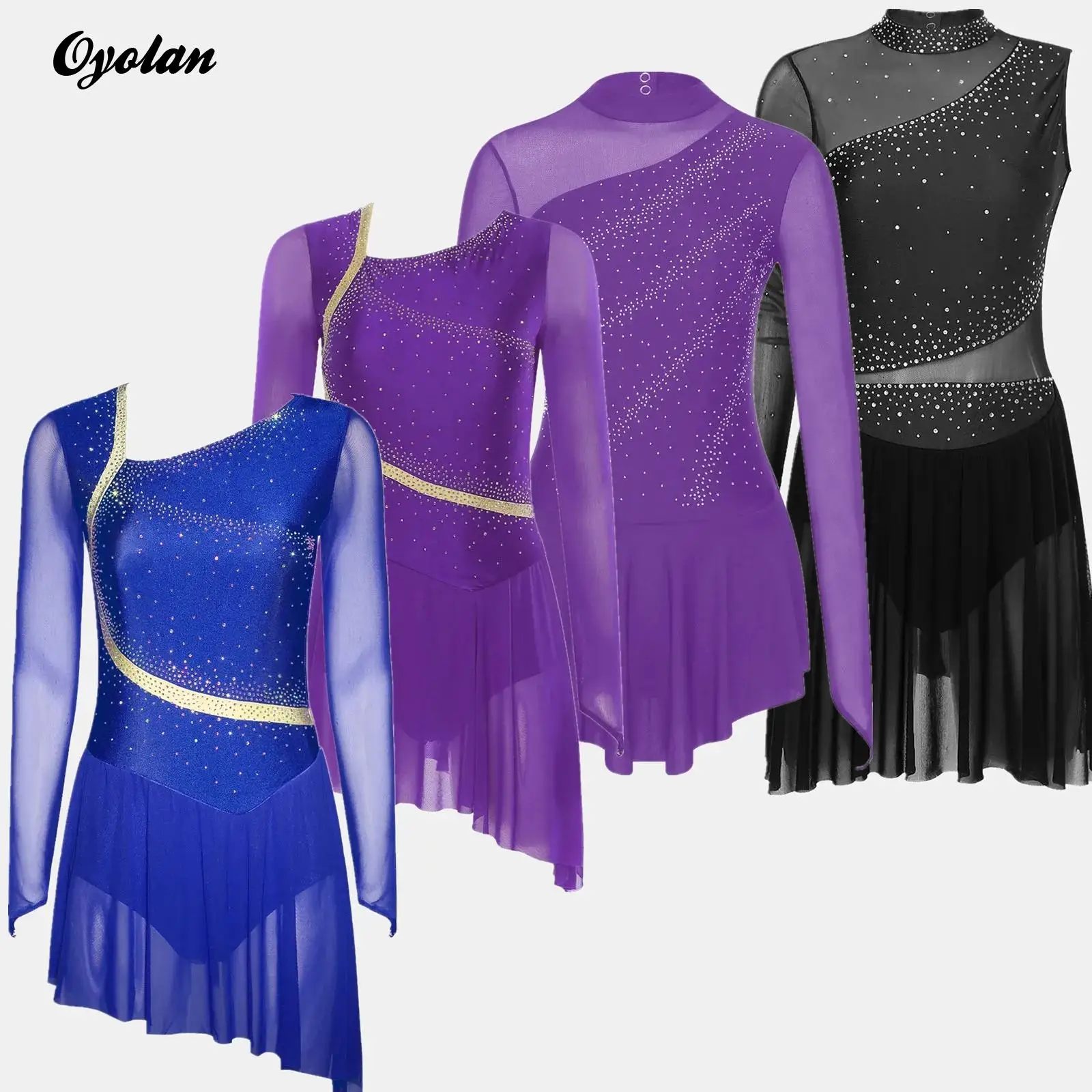 

Womens Shiny Rhinestones Gymnastics Artistic Figure Skating Performance Costume Sheer Mesh Ballet Leotards Lyrical Dance Dress