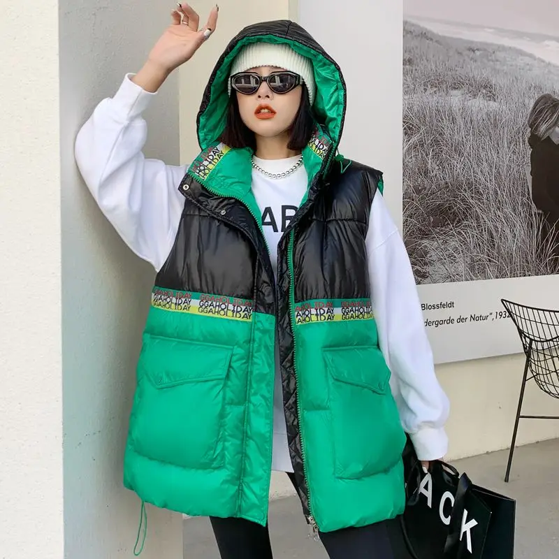 

Autumn and Winter New Oversize Women's Down Cotton Vest Loose Commuter Casual Panel Contrast Printed Hooded Tank Top