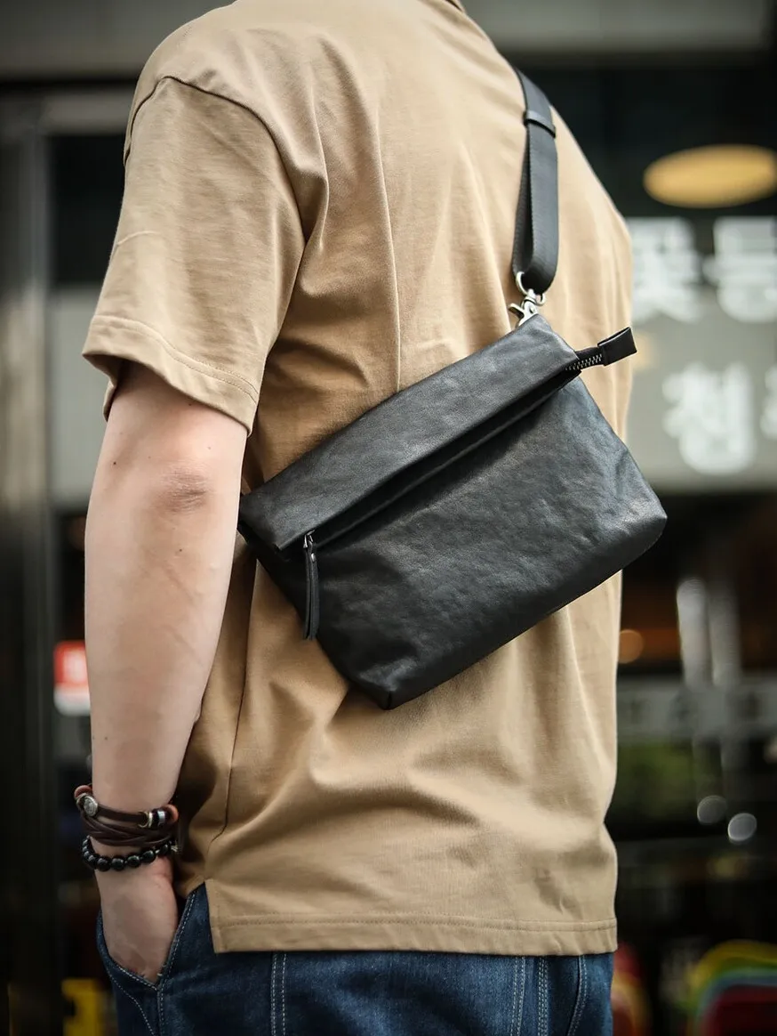 

PNDME simple fashion designer handmade first layer cowhide men's black messenger bag outdoor daily work cow leather shoulder bag