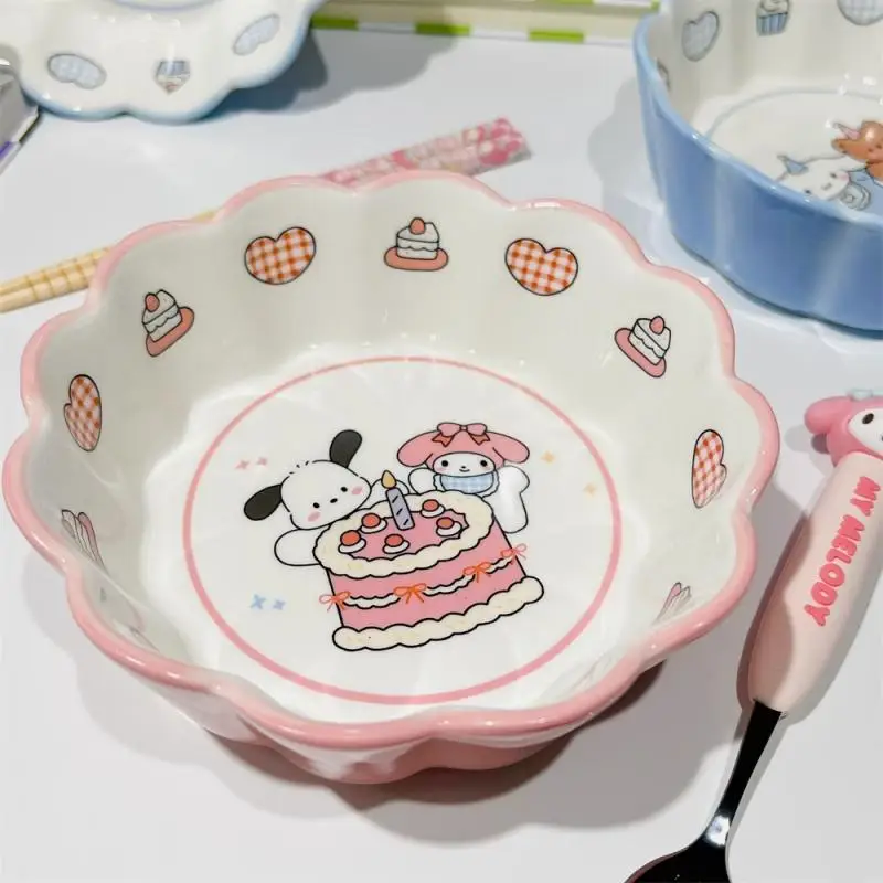 Kawaii Sanrio My Melody Bowl Cinnamoroll Pochacco Children Cartoon Household Large Capacity Ceramic Fruit Salad Plate Tableware image 4