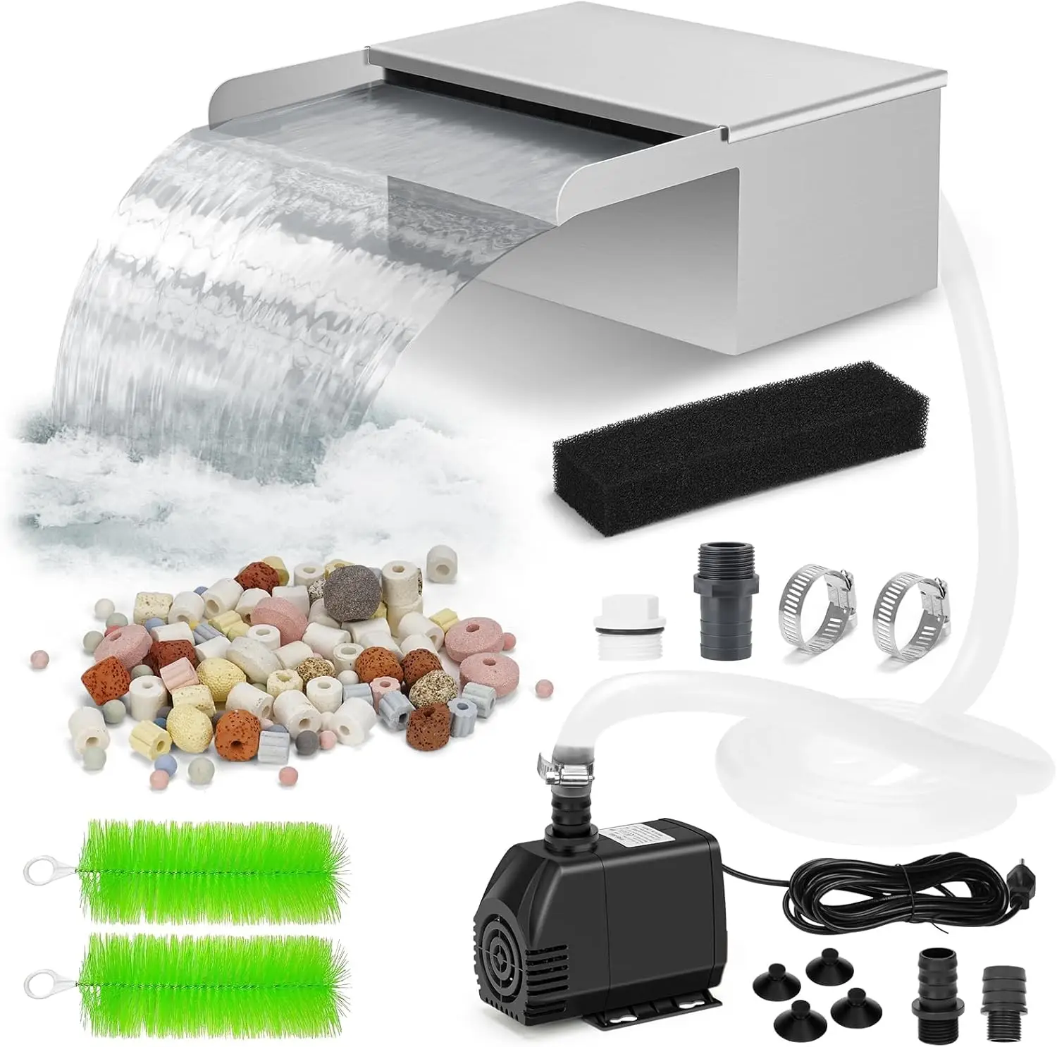 

Spillway with Filter and Pump Kit - 304 Stainless Steel Ponds Waterfall Box,800 GPH Pump,9.8FT Oxford Hose,Garden Water Features