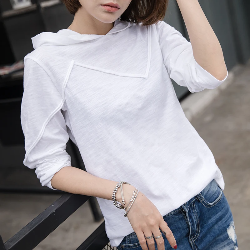 

Women's Bamboo Cotton Hooded T-shirt, Long Sleeved, Solid White, Office Lady, Casual Tops, Outwear Coat, Summer, New, 2022