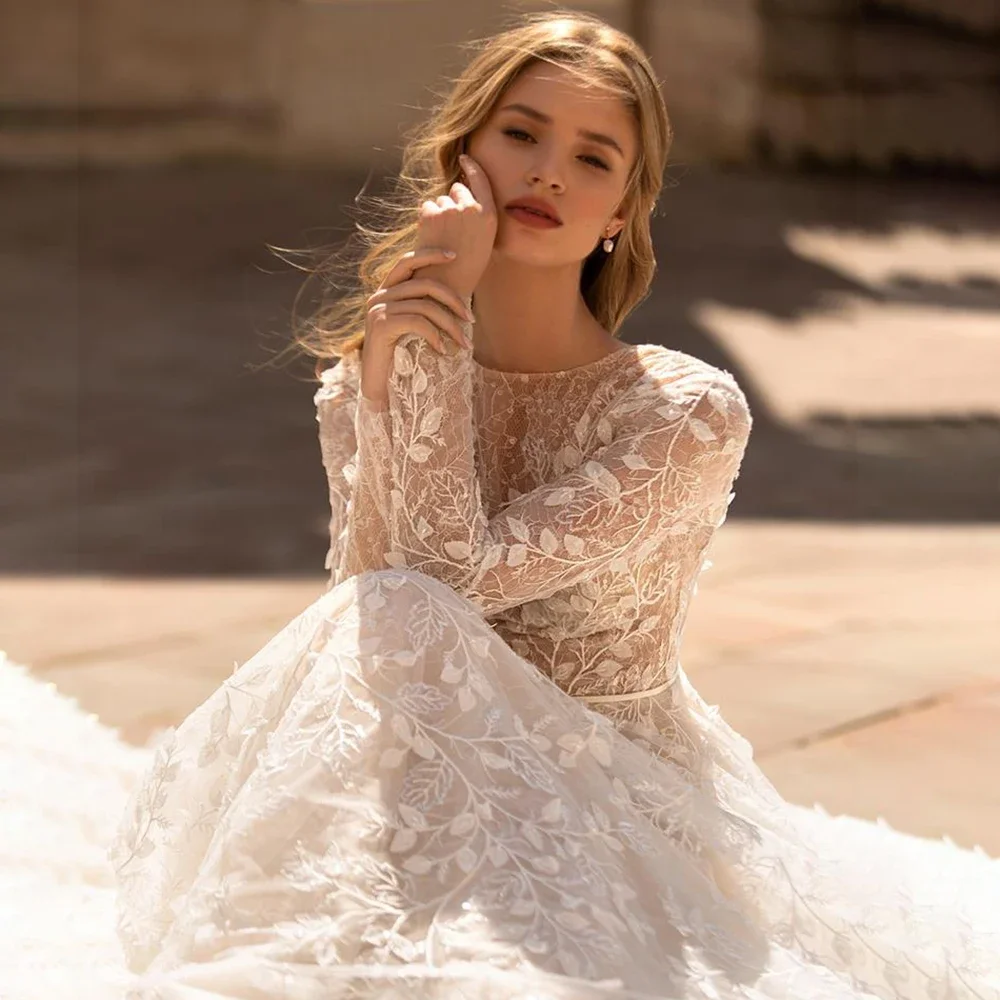Customized Luxurious Tulle Women Wedding Dresses Modern Flower Print Mopping Length A-Line Bohemian Princess Vestidos De Novias