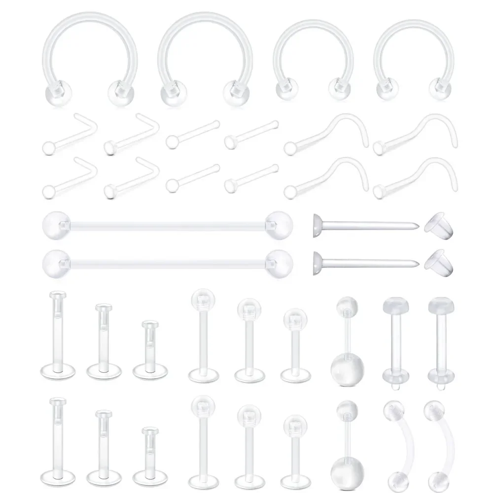 38pcs Clear Piercing Nose Rings Belly Rings Septum Eyebrow Lip Cartilage  Earring Retainer Industrial Plastic Piercing Jewelry