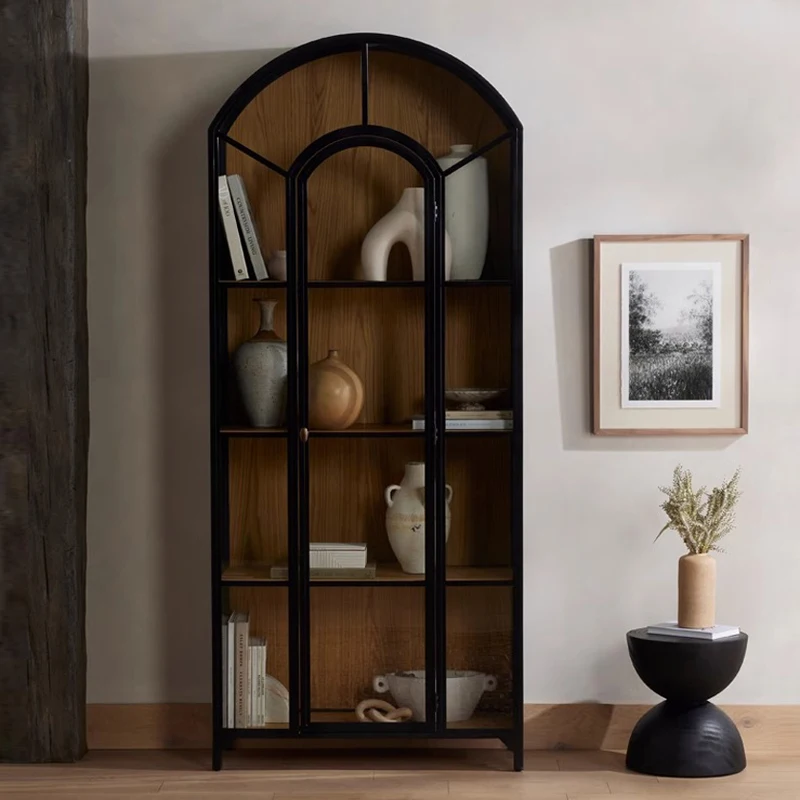 American solid wood arch bookcase living room Modern glass door display cabinet Black arch wine cabinet locker custom