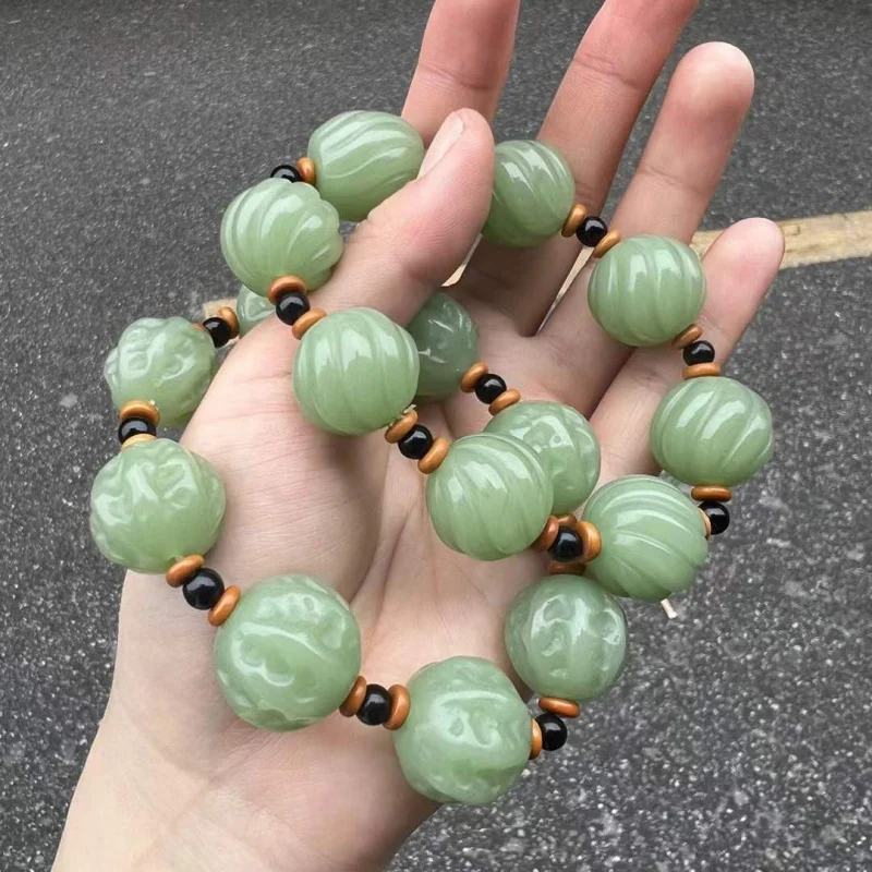 

Light Blue Walnut Simple Pumpkin Bead Jade Bracelet Fashionable Versatile