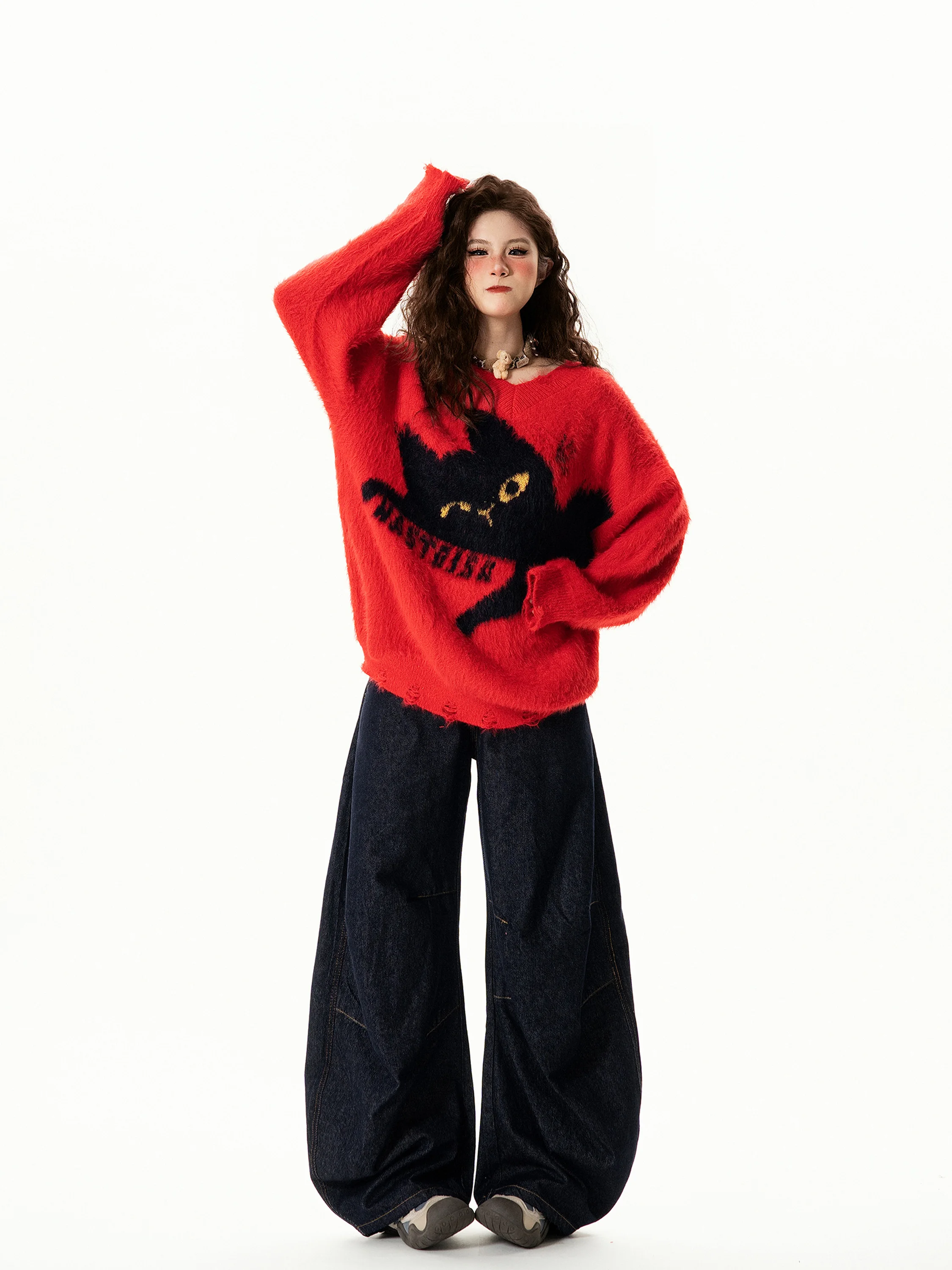 

Красный вязаный свитер с V-образным вырезом в американском ретро-стиле для женщин, осенне-зимний, свободного кроя, универсальный, уличный стиль, теплый, с функцией подогрева