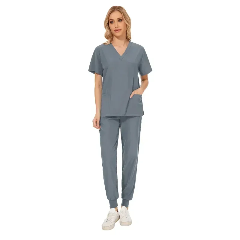 Vrouwen V-Hals Korte Mouw Scrubs Chirurgische Verpleegkundige Uniformen Verpleegkundige Zak Werkkleding Tandarts Medische Uniformen Kliniek Scrub Pak