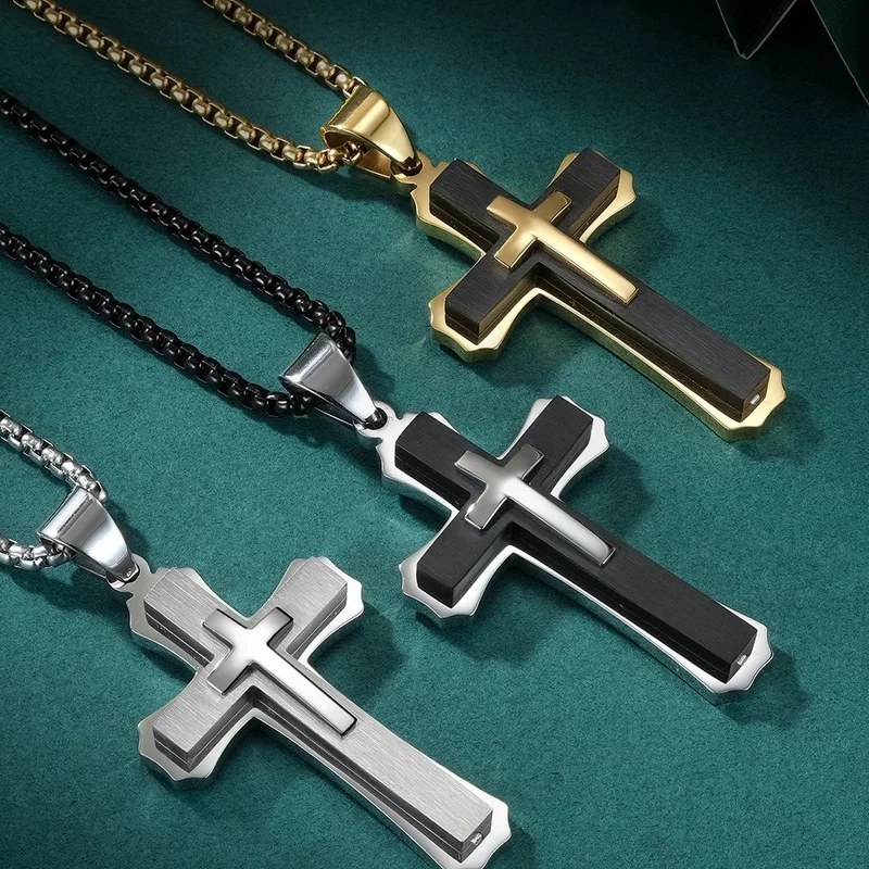 Fashionable Three-layer Gold-plated Cross Necklace Jesus Cross Pendant Hip-hop Necklaces for Men Cross Jewelry Anniversary Gift