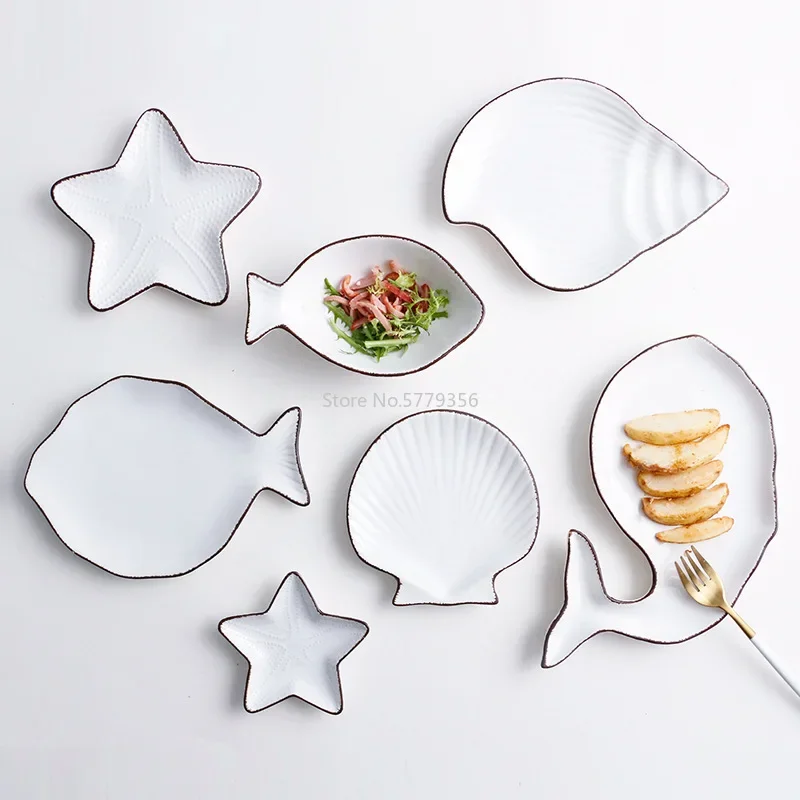 Ocean Style Ceramic Plate Tableware Whale Fish Dish Shell Starfish Trumpet Shell Bowl Blue White Porcelain Dinnerware Animal