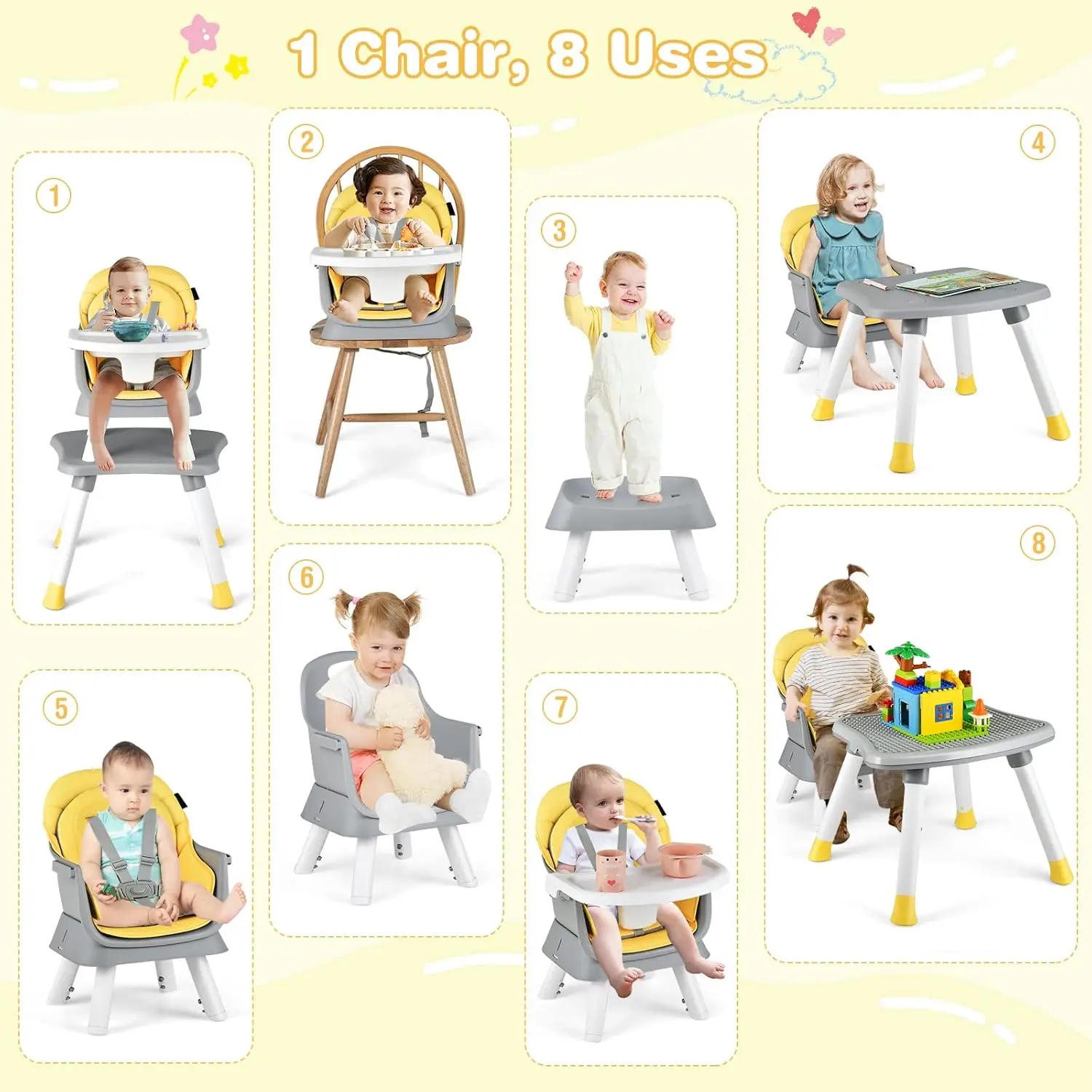 8 in 1 Baby High Chair, Convertible Highchair for Babies and Toddlers/Table and Chair Set/Building Block