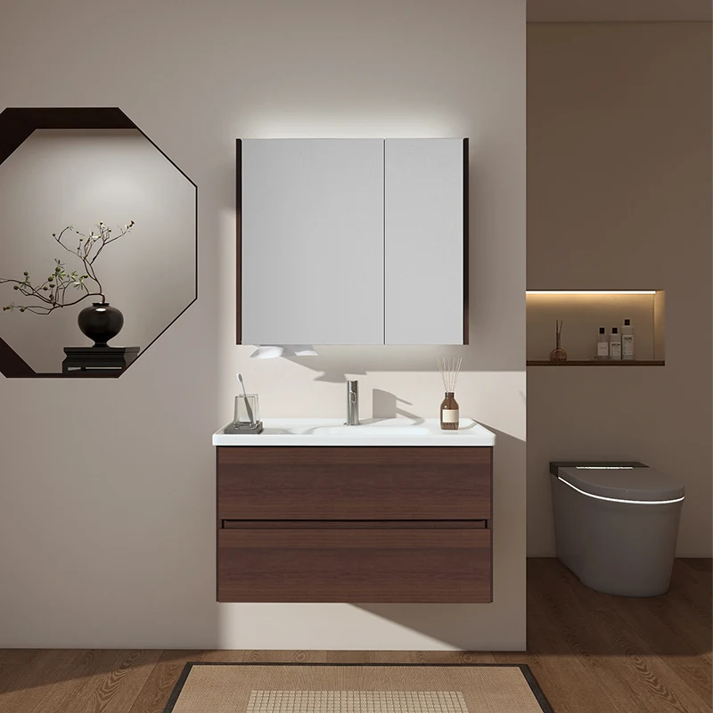 

Modern Bathroom Cabinet with Vanity Mirror Double Drawer Ceramic Basin Water Resistant for Hotel & Apartment Use