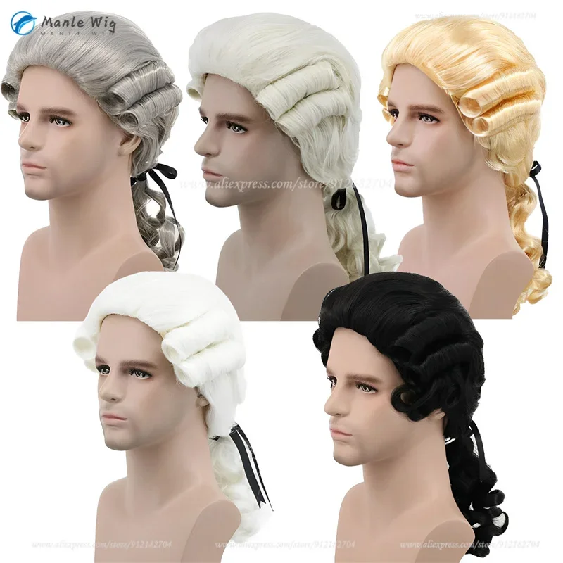 Lawyer Judge Baroque Grey Cosplay Wigs Beige White Black Gray Golden Curly Male Costume Wigs Deluxe Historical Wigs Wig Cap