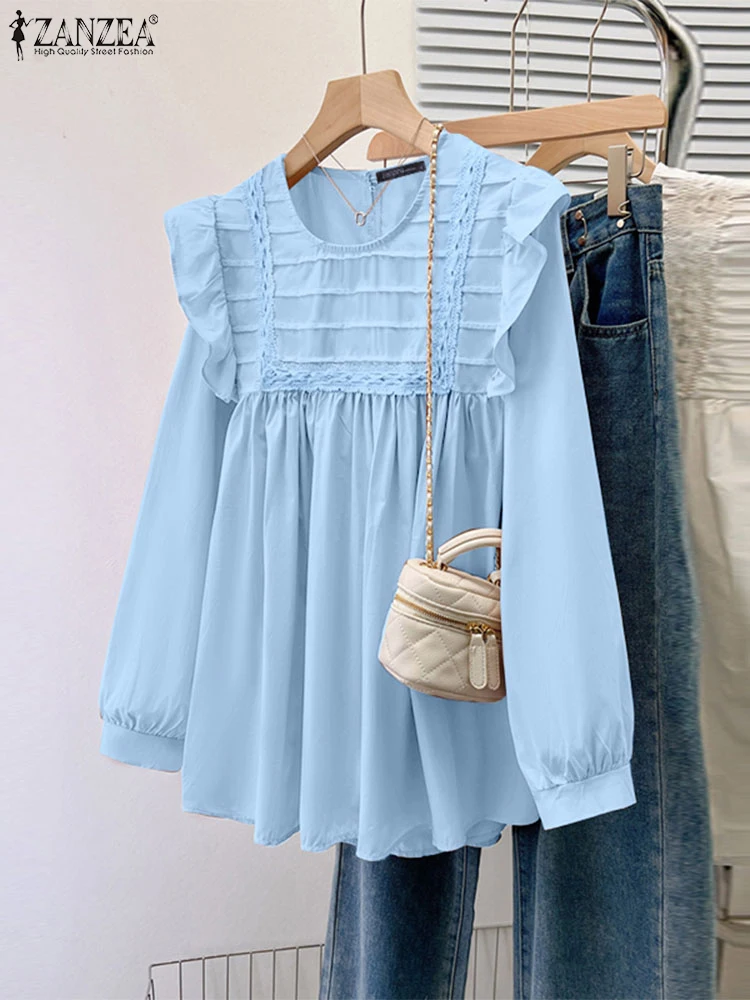 

ZANZEA, осенние женские модные блузки, 2025 г., повседневные блузки с длинными рукавами, милые однотонные топы с рюшами, шикарные свободные туники с круглым вырезом Femme