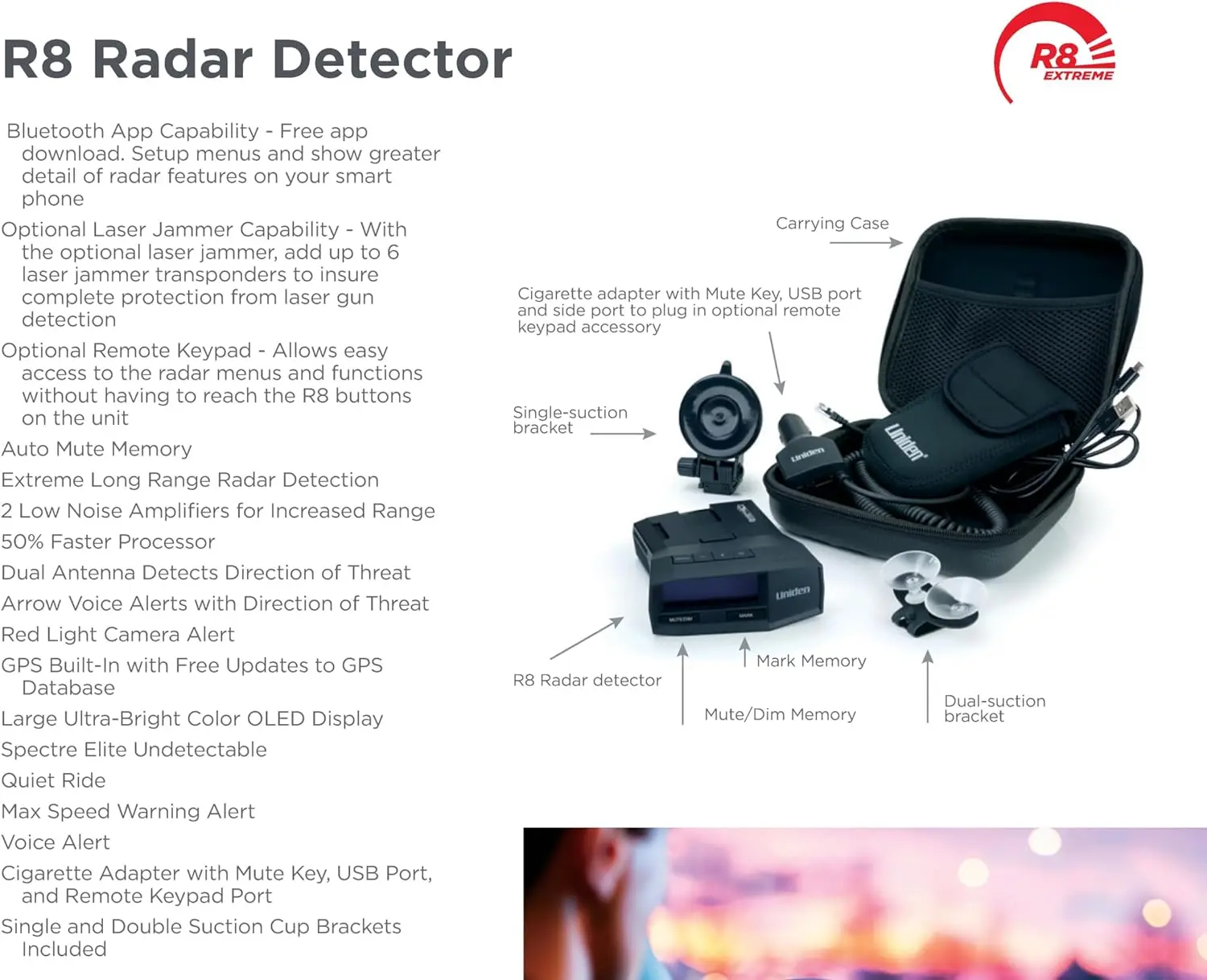 Détecteur radar/laser à longue portée extrême R8, divulguer pour touristes, détection avant et arrière, GPS intégré avec diagen temps réel, États-Unis