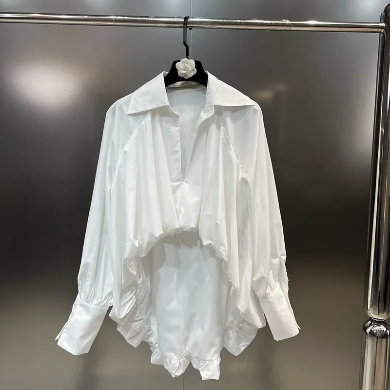 

Puffy Designer Shirts Lapel Bat Long Sleeve Short Front Long Back Elastic Loose Shirt 2025 Autumn New Female
