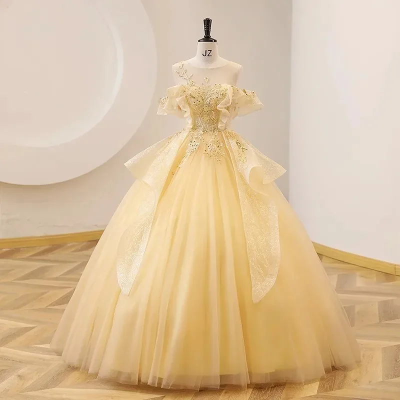 Amarelo colheres pescoço vestido de baile vestidos rendas lantejoulas doce 16 princesa festa personalizado