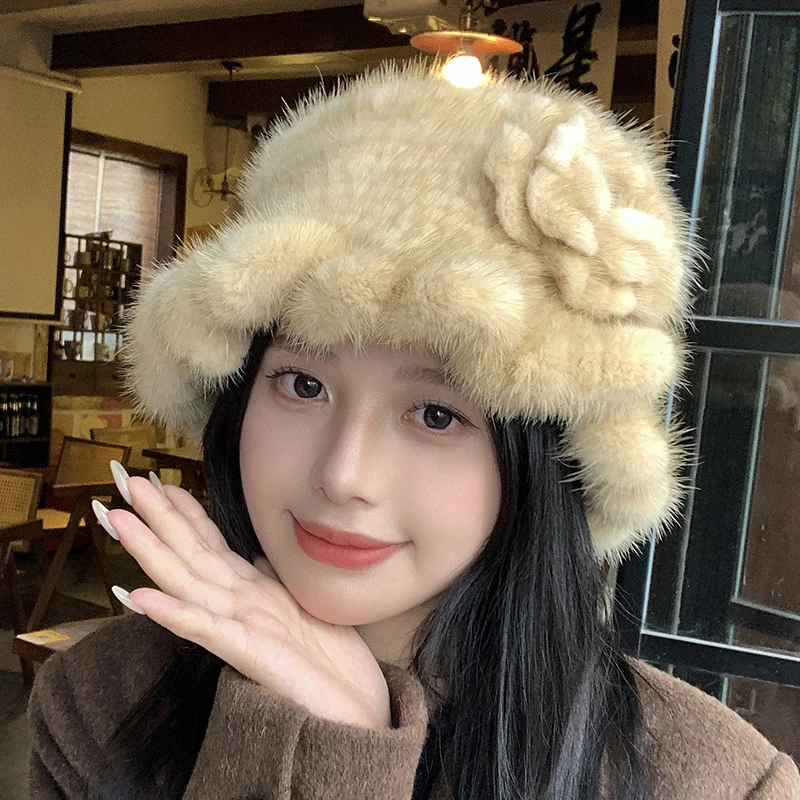 Topi Bulu Mink Asli 100% untuk Wanita, Topi Bucket Musim Dingin Penghangat, Topi Bulu Mink Asli Rajutan Alami Mewah untuk Wanita