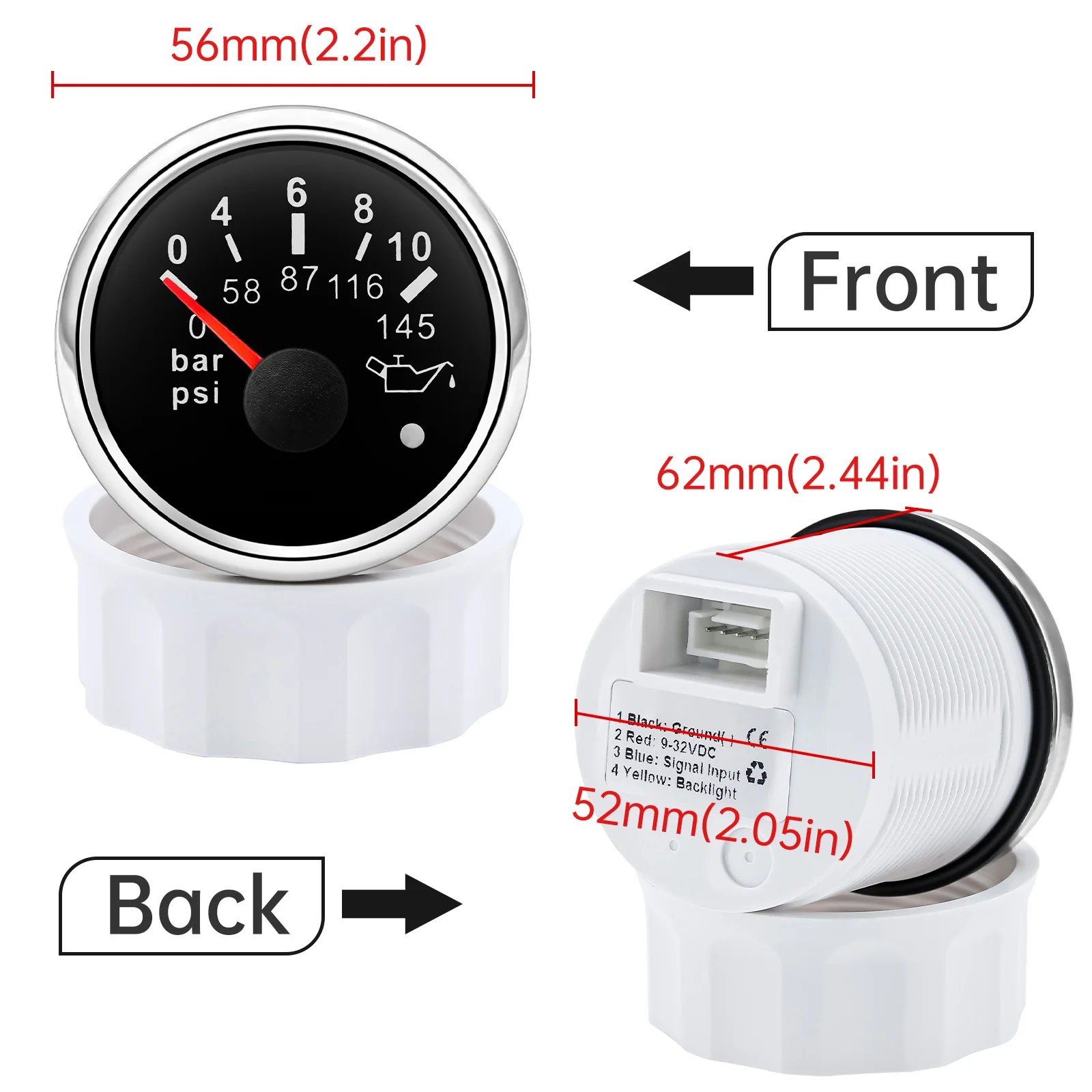 Red Backlight Oil Pressure Gauge Sensors Modification 0-10bar 0-145psi 52mm Oil Pressure Meters For Car Truck Boat M10x1 NPT1/8