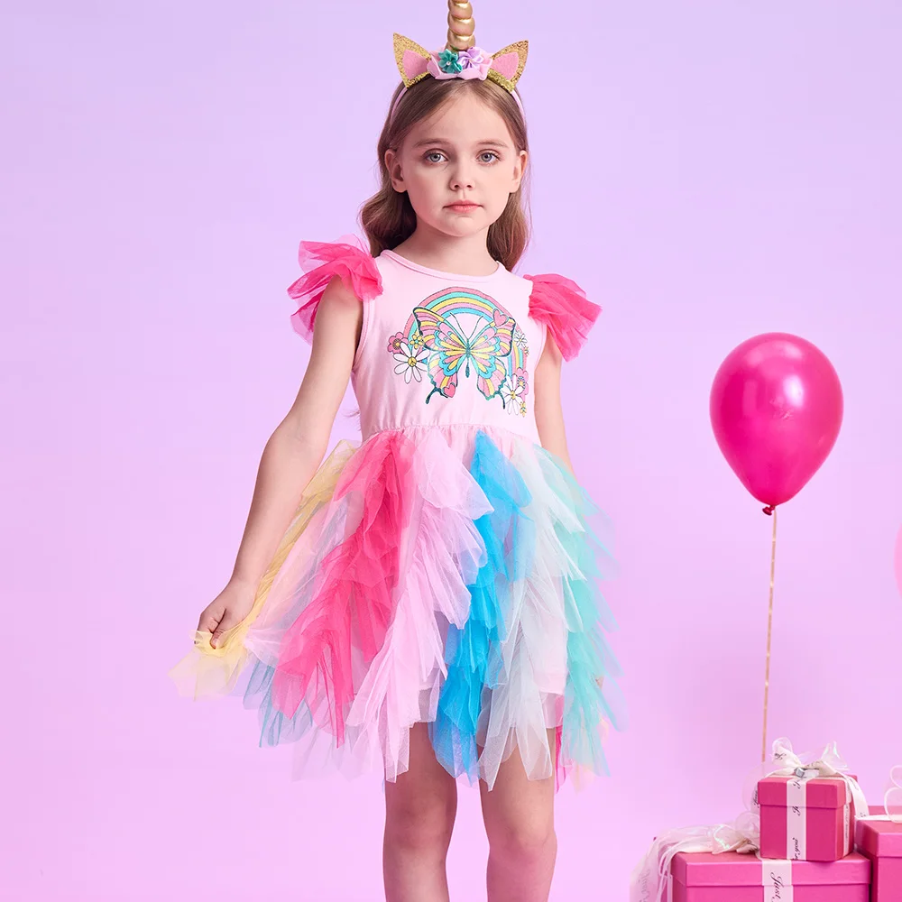 VIKITA Mädchen Bunte Regenbogen Flattern Ärmeln Sommer Kleid Kinder Schmetterling Blume Drucken Layered Tüll Mesh Prinzessin Tutu Vestidos – Detail 2