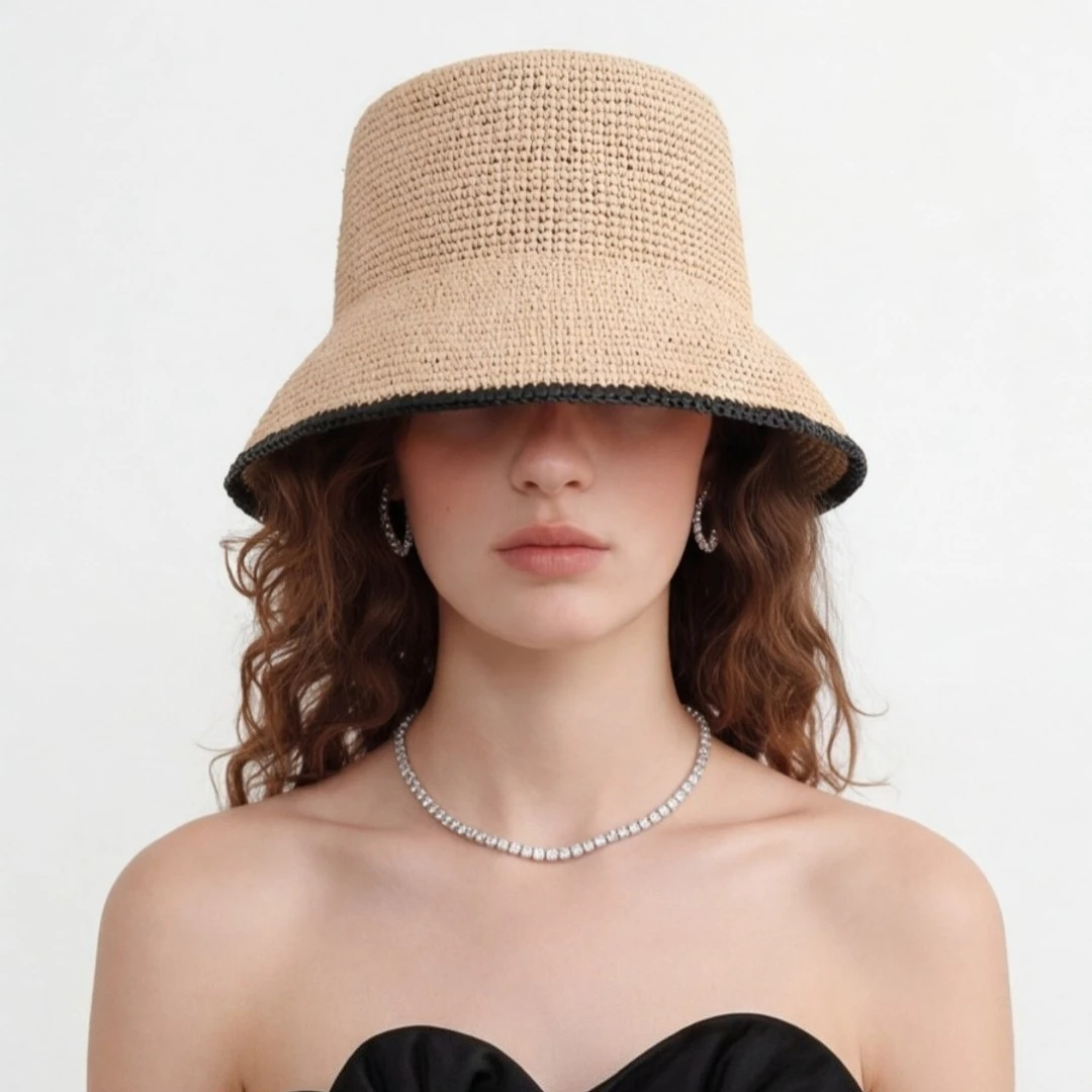 USPOP Women Raffia Bucket Hat French Minimalist Straw Cloche Hat Wide Brim Summer Sun Hat Elegant Foldable Beach Vacation Cap