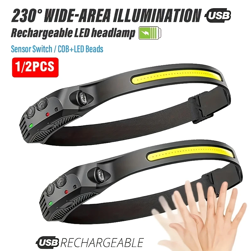 COB LED Headlamp Induction Head Lamp Built-in Battery USB Rechargeable Head Flashlight Outdoor Camping Fishing Sensor Headlight
