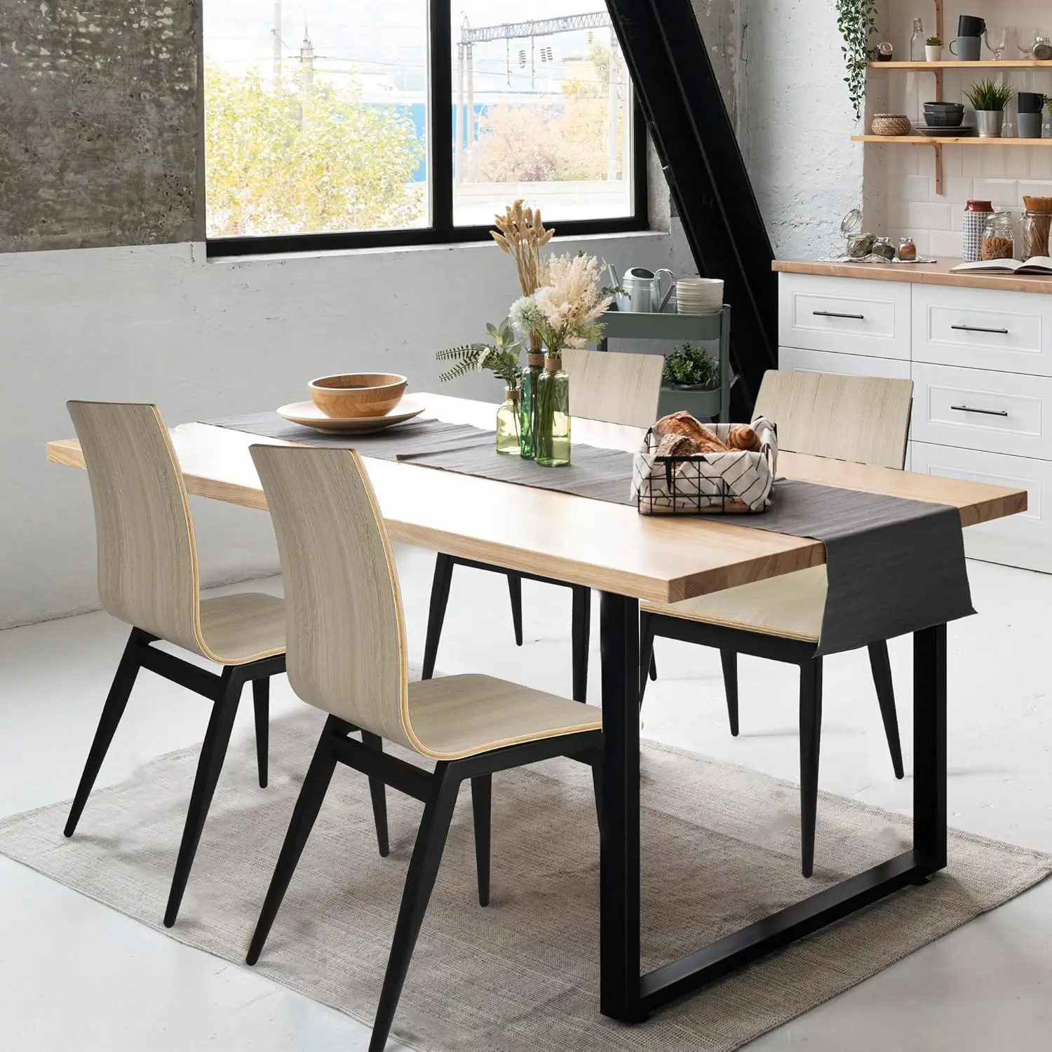 Dining Room Chairs Set Of 4,Wood Kitchen Chairs With Black Metal Legs, Bentwood Modern Industrial Style Chairs For Living Room