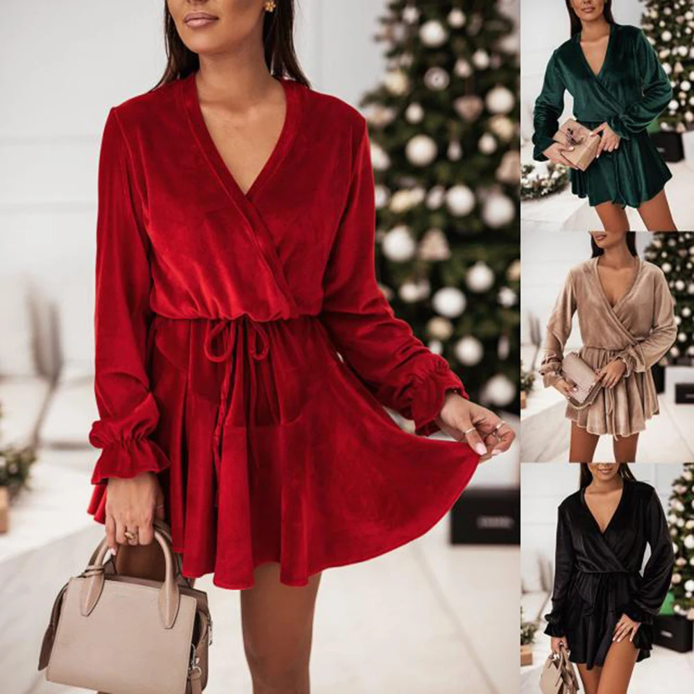 Autumn Winter Fashion Red Black Long Sleeve Mini Dress Women Sexy V-neck Slim Velvet Dress Elegant Party Ladies Dresses Vestidos