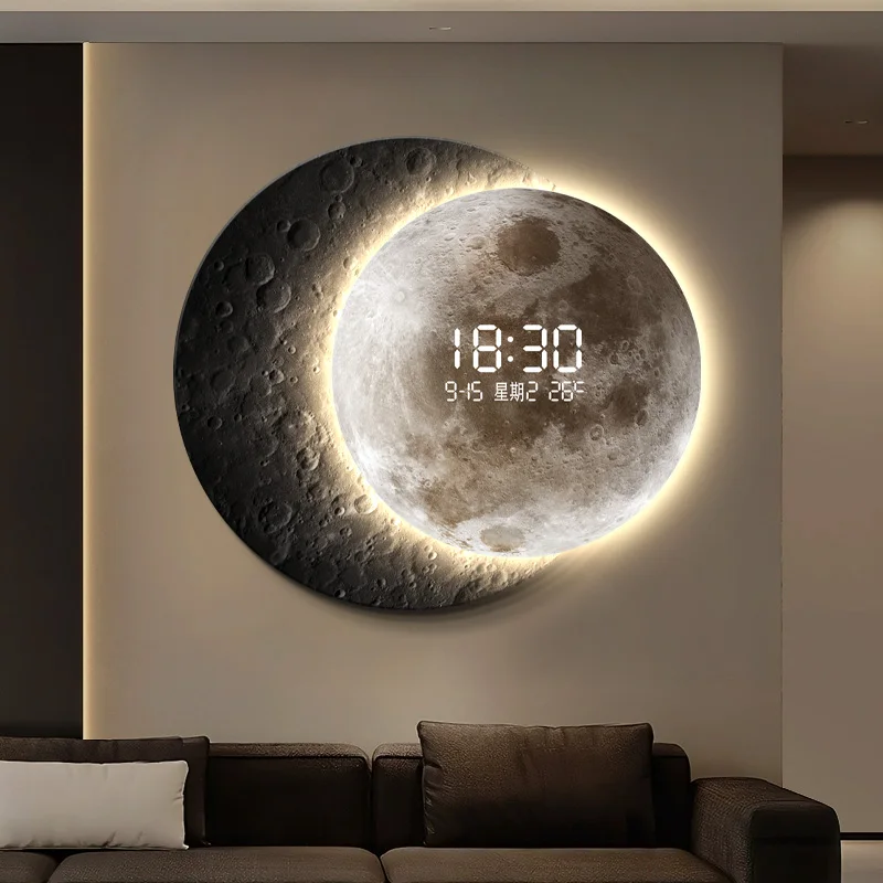 Sentido avançado 2025 tv fundo luz de parede luxo lua sofá com relógio sala estar varanda circular lâmpada mural