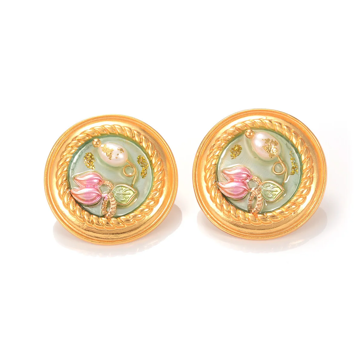 Natural Pearl 24K Gold Plated Copper Earrings Vintage Painting  New Chinese Style Studs High-End Niche Trendy Jewelry for Women