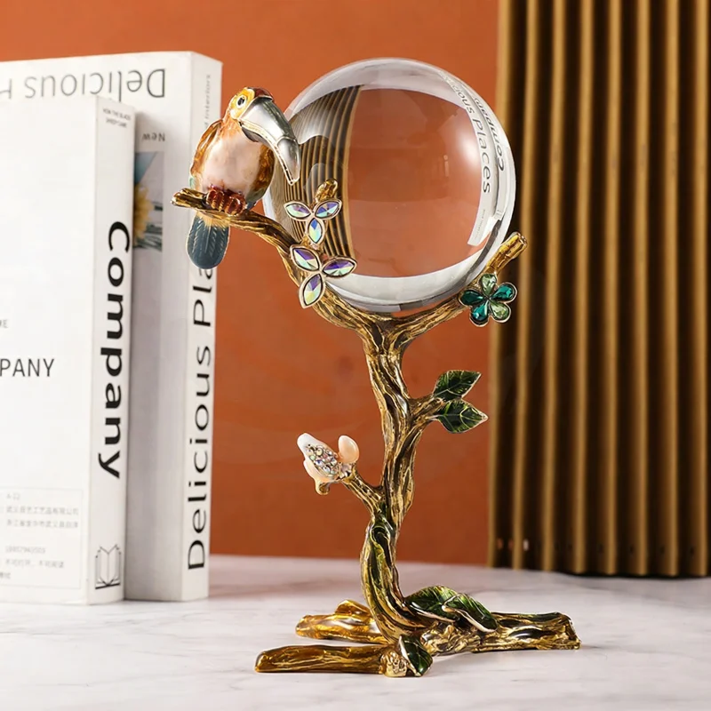 Luxury enamel bird crystal ball tabletop ornament gold branch home decoration living room sculpture