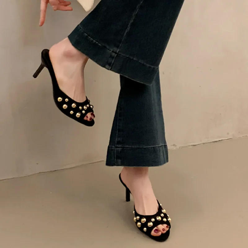 2025 Studded Peep Toe  Stiletto Slip on Gold Rivets Decor Classic Sexy Women Summer Sandals Dress Party Daily Casual Single Shoe