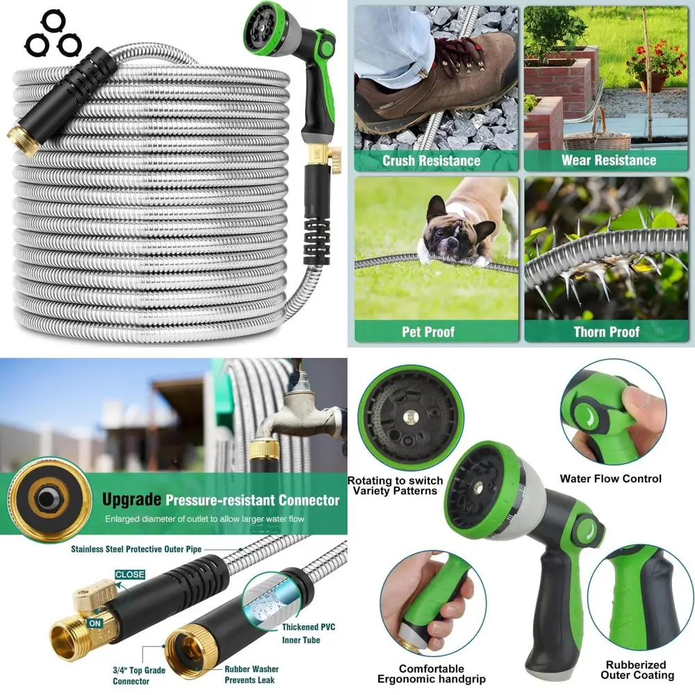 

Flexible 3/4 Inch Stainless Steel Garden Hose - 200 Feet Long, Heavy Duty, No Kink, Tangle-Free, with Nozzle, Durable Metal Wate