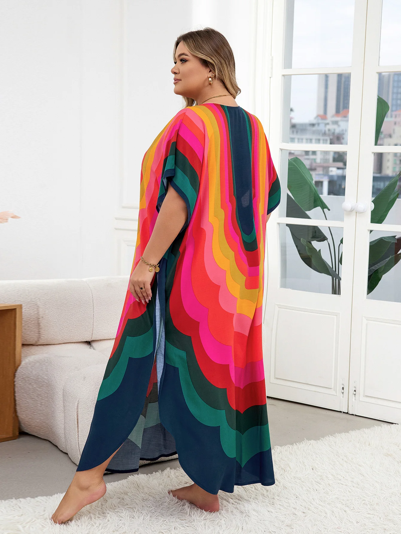 LORYLEI Plus Size kolorowe kobiety Kaftan długa sukienka dla kobiet 2024 letnie casual z okrągłym dekoltem rękaw w kształcie skrzydła nietoperza