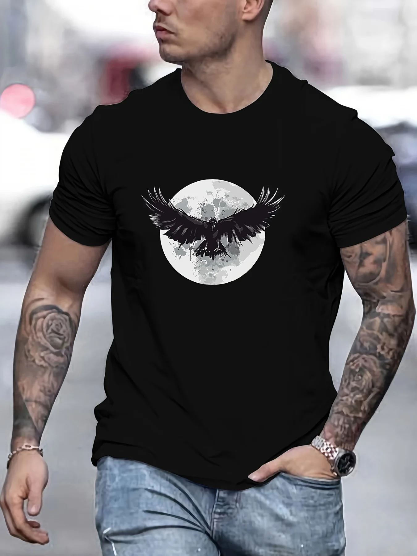 Men's 100% Cotton Moon Crow Pattern Print Crew Neck Short‑Sleeve T‑Shirt Streetwear Daily Wear Spring Summer Autumn Casual Top